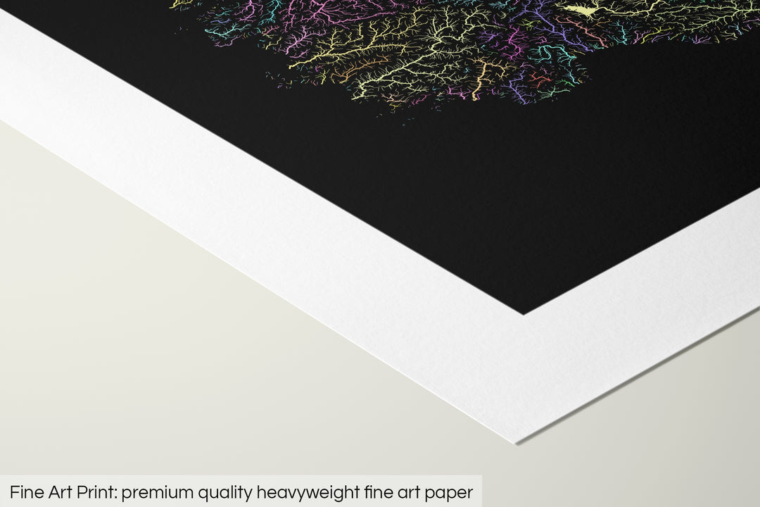 Closeup of a fine art print's corner lying on a flat surface, the details of a Grasshopper Geography map is visible. The text at the bottom reads: Fine art print - premium quality heavyweight fine art paper.