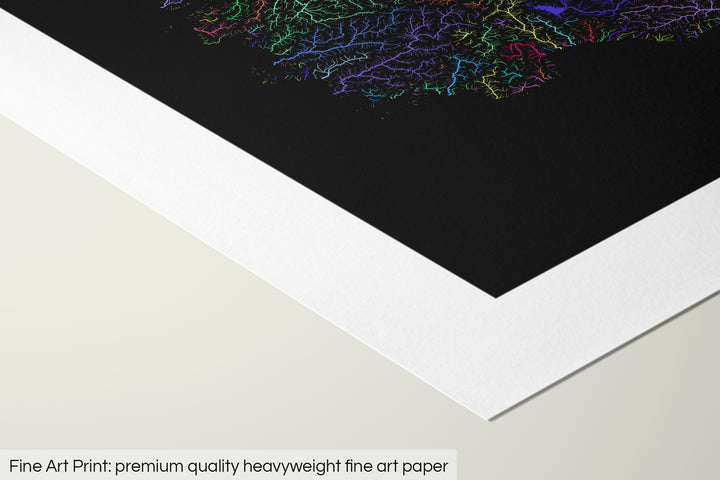 Closeup of a fine art print's corner lying on a flat surface, the details of a Grasshopper Geography map is visible. The text at the bottom reads: Fine art print - premium quality heavyweight fine art paper.