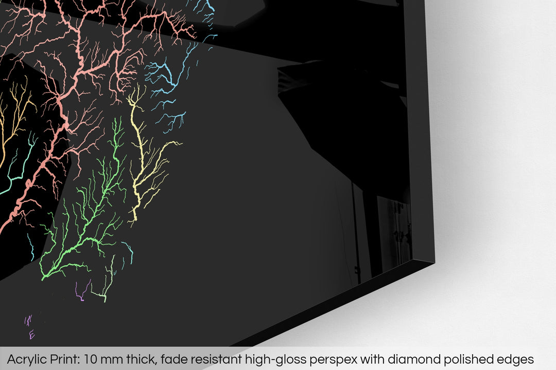 Closeup of an acrylic panel's corner, the details of a Grasshopper Geography map is visible. The text at the bottom reads: Acrylic print - 10 mm thick, fade reistant high-gloss perspex with diamond polished edges.