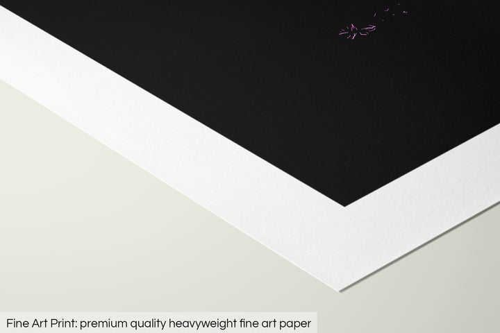 Closeup of a fine art print's corner lying on a flat surface, the details of a Grasshopper Geography map is visible. The text at the bottom reads: Fine art print - premium quality heavyweight fine art paper.