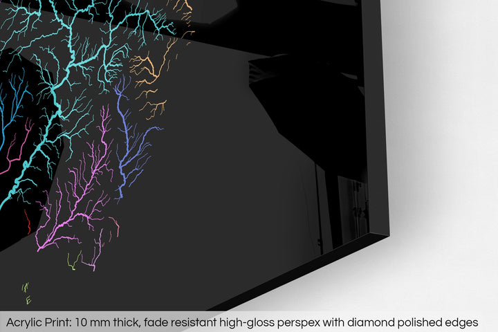 Closeup of an acrylic panel's corner, the details of a Grasshopper Geography map is visible. The text at the bottom reads: Acrylic print - 10 mm thick, fade reistant high-gloss perspex with diamond polished edges.