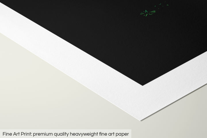 Closeup of a fine art print's corner lying on a flat surface, the details of a Grasshopper Geography map is visible. The text at the bottom reads: Fine art print - premium quality heavyweight fine art paper.