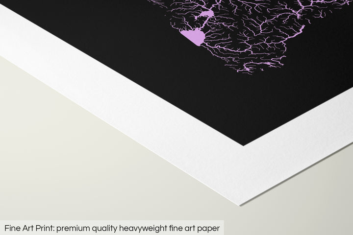 Closeup of a fine art print's corner lying on a flat surface, the details of a Grasshopper Geography map is visible. The text at the bottom reads: Fine art print - premium quality heavyweight fine art paper.