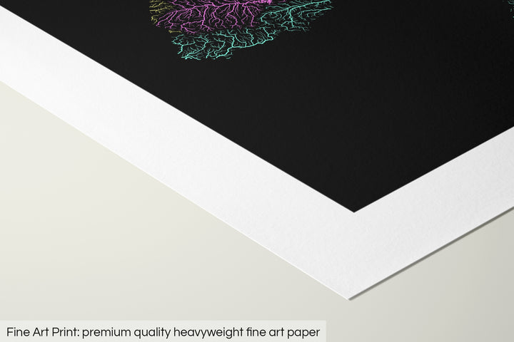 Closeup of a fine art print's corner lying on a flat surface, the details of a Grasshopper Geography map is visible. The text at the bottom reads: Fine art print - premium quality heavyweight fine art paper.