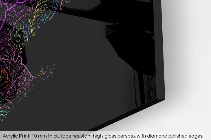 Closeup of an acrylic panel's corner, the details of a Grasshopper Geography map is visible. The text at the bottom reads: Acrylic print - 10 mm thick, fade reistant high-gloss perspex with diamond polished edges.