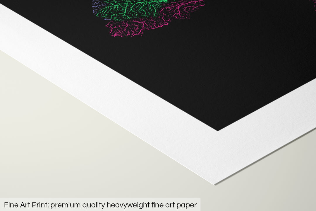 Closeup of a fine art print's corner lying on a flat surface, the details of a Grasshopper Geography map is visible. The text at the bottom reads: Fine art print - premium quality heavyweight fine art paper.