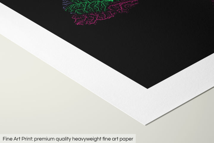 Closeup of a fine art print's corner lying on a flat surface, the details of a Grasshopper Geography map is visible. The text at the bottom reads: Fine art print - premium quality heavyweight fine art paper.