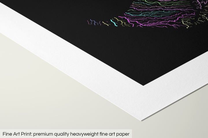 Closeup of a fine art print's corner lying on a flat surface, the details of a Grasshopper Geography map is visible. The text at the bottom reads: Fine art print - premium quality heavyweight fine art paper.