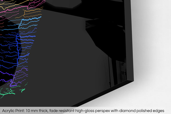 Closeup of an acrylic panel's corner, the details of a Grasshopper Geography map is visible. The text at the bottom reads: Acrylic print - 10 mm thick, fade reistant high-gloss perspex with diamond polished edges.