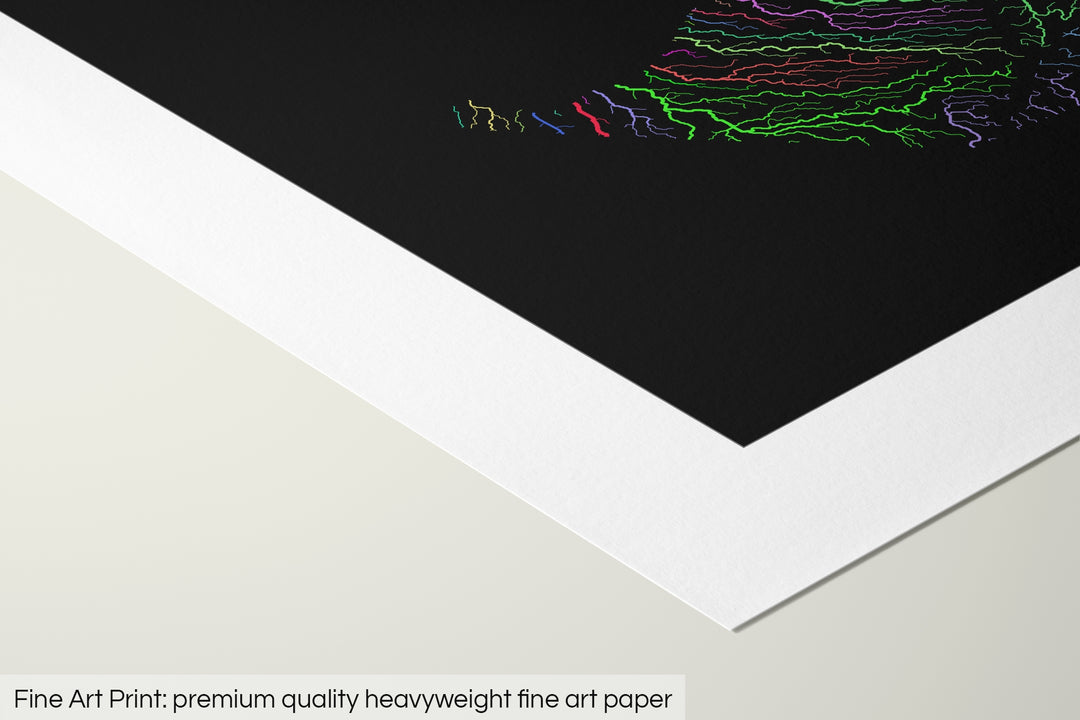 Closeup of a fine art print's corner lying on a flat surface, the details of a Grasshopper Geography map is visible. The text at the bottom reads: Fine art print - premium quality heavyweight fine art paper.
