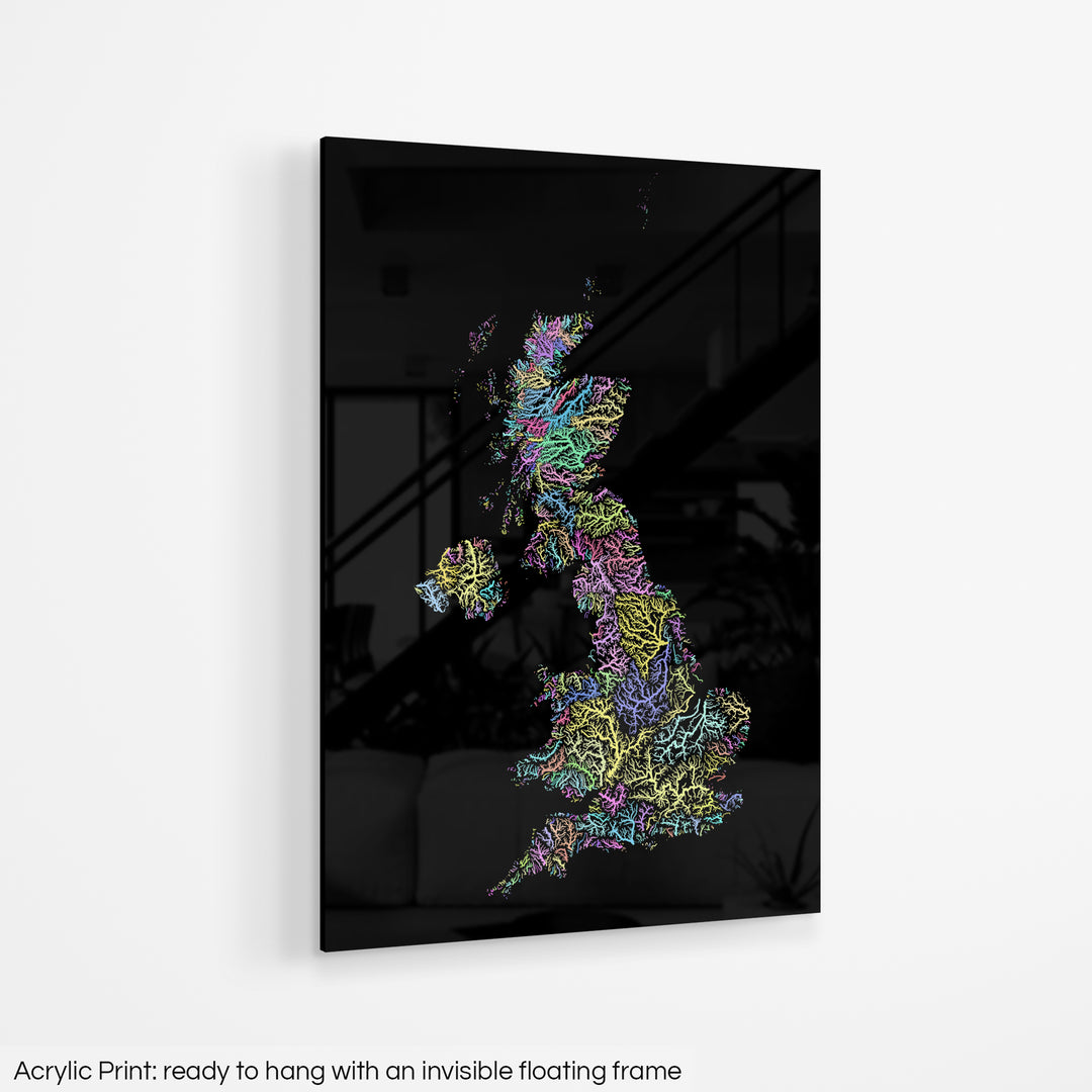 A colourful Grasshopper Geography map hanging on a white wall. The text at the bottom reads: Acrylic print - ready to hang with an invisible floating frame.