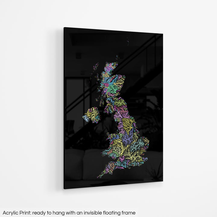 A colourful Grasshopper Geography map hanging on a white wall. The text at the bottom reads: Acrylic print - ready to hang with an invisible floating frame.