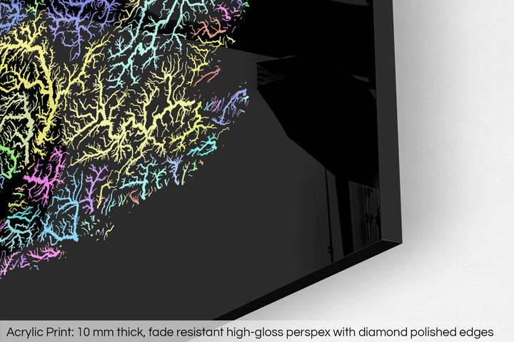Closeup of an acrylic panel's corner, the details of a Grasshopper Geography map is visible. The text at the bottom reads: Acrylic print - 10 mm thick, fade reistant high-gloss perspex with diamond polished edges.