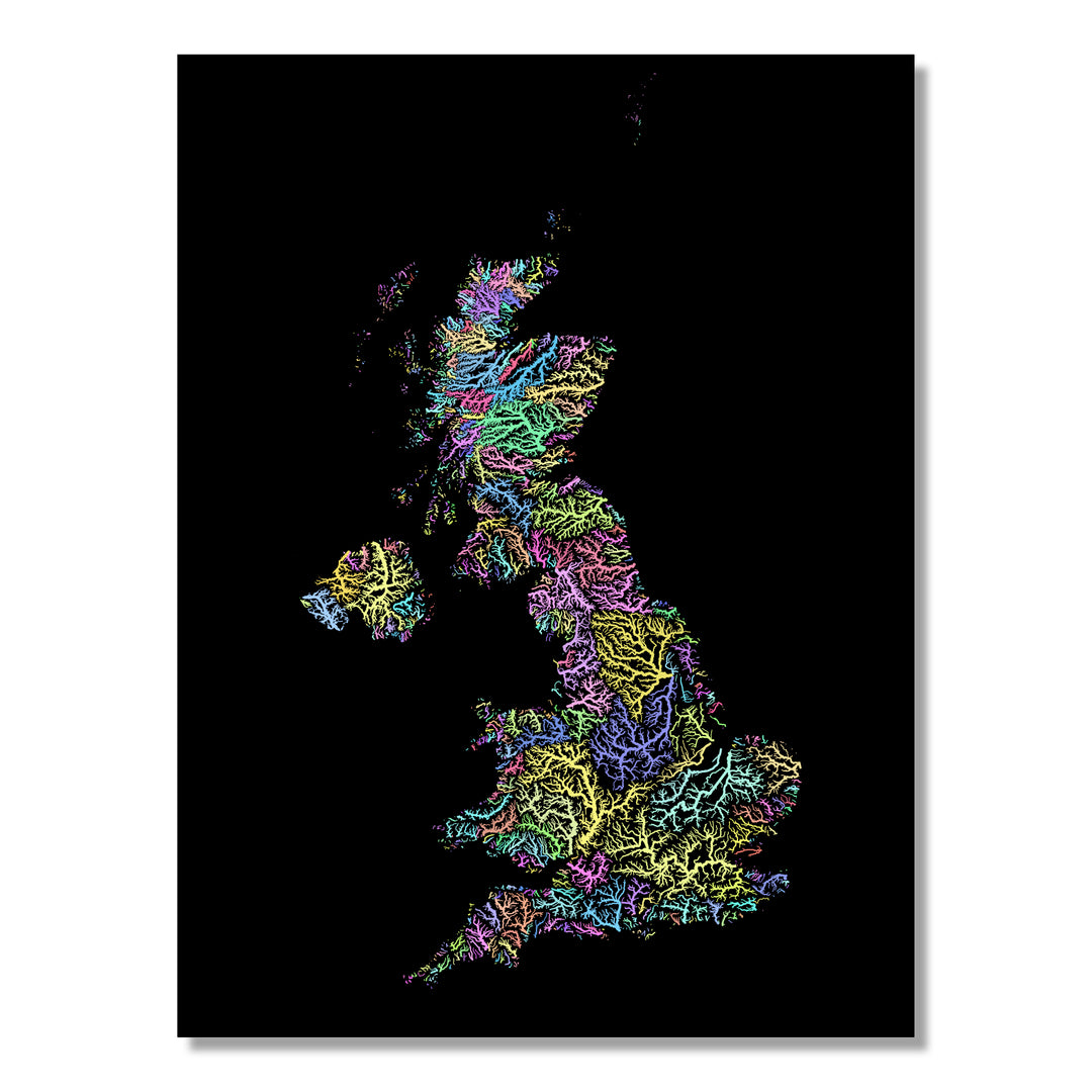 United Kingdom - River basin map, pastel colours - Wall Art by Grasshopper Geography. Image of a high-resolution map created by geographer Robert Szucs, available as wall art and for licensing.