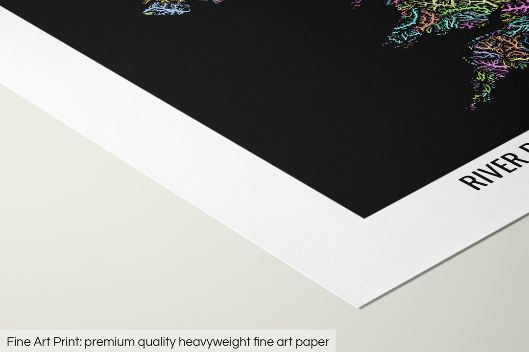 Closeup of a fine art print's corner lying on a flat surface, the details of a Grasshopper Geography map is visible. The text at the bottom reads: Fine art print - premium quality heavyweight fine art paper.