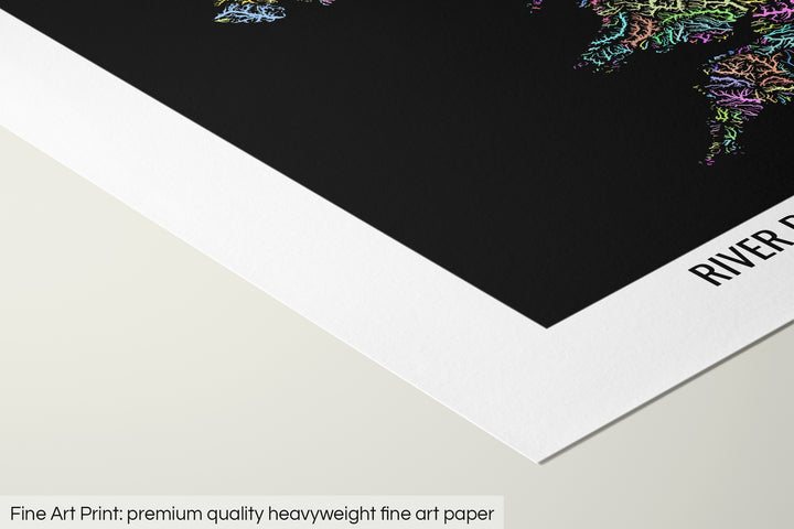 Closeup of a fine art print's corner lying on a flat surface, the details of a Grasshopper Geography map is visible. The text at the bottom reads: Fine art print - premium quality heavyweight fine art paper.