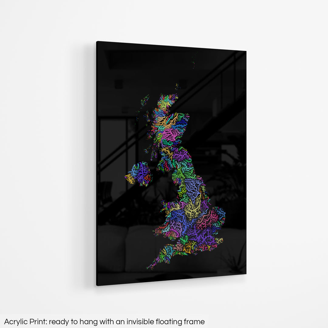 A colourful Grasshopper Geography map hanging on a white wall. The text at the bottom reads: Acrylic print - ready to hang with an invisible floating frame.