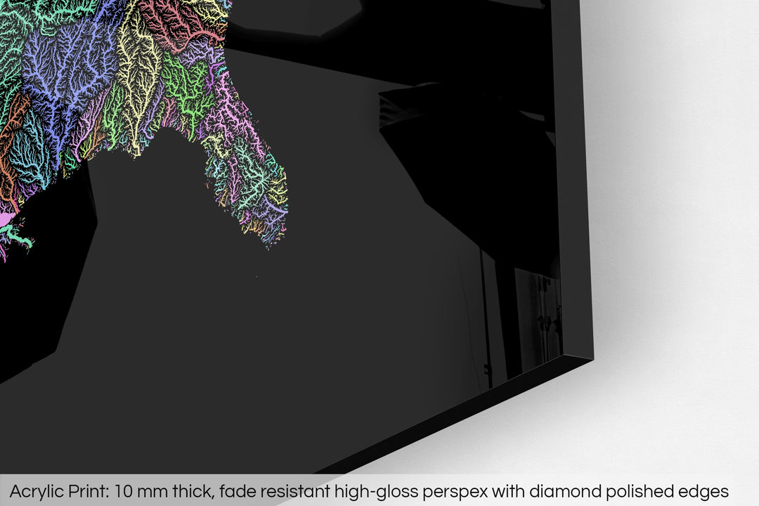 Closeup of an acrylic panel's corner, the details of a Grasshopper Geography map is visible. The text at the bottom reads: Acrylic print - 10 mm thick, fade reistant high-gloss perspex with diamond polished edges.