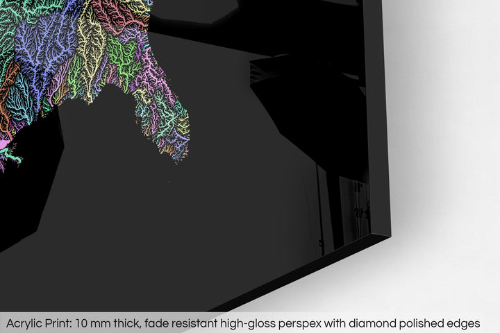 Closeup of an acrylic panel's corner, the details of a Grasshopper Geography map is visible. The text at the bottom reads: Acrylic print - 10 mm thick, fade reistant high-gloss perspex with diamond polished edges.