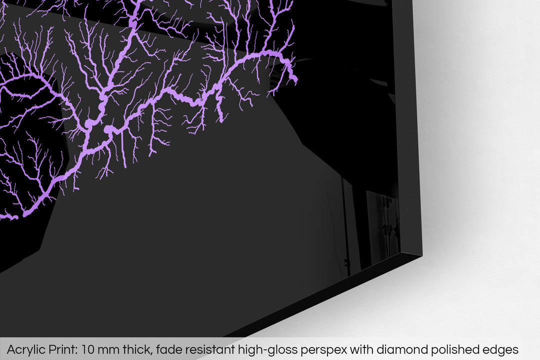 Closeup of an acrylic panel's corner, the details of a Grasshopper Geography map is visible. The text at the bottom reads: Acrylic print - 10 mm thick, fade reistant high-gloss perspex with diamond polished edges.