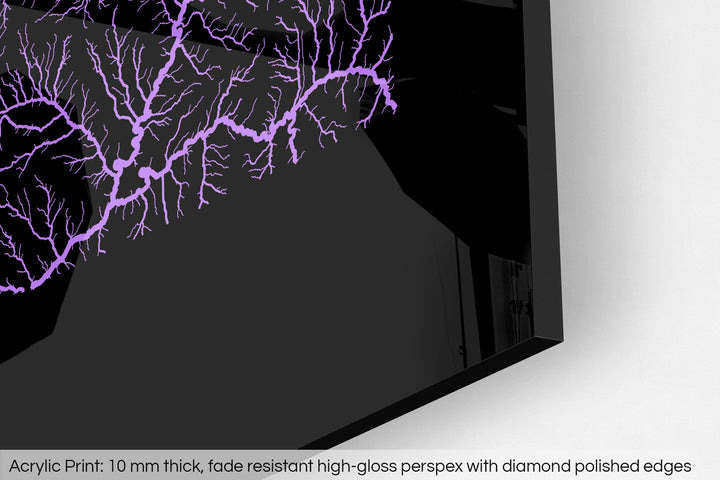 Closeup of an acrylic panel's corner, the details of a Grasshopper Geography map is visible. The text at the bottom reads: Acrylic print - 10 mm thick, fade reistant high-gloss perspex with diamond polished edges.