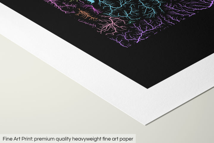 Closeup of a fine art print's corner lying on a flat surface, the details of a Grasshopper Geography map is visible. The text at the bottom reads: Fine art print - premium quality heavyweight fine art paper.