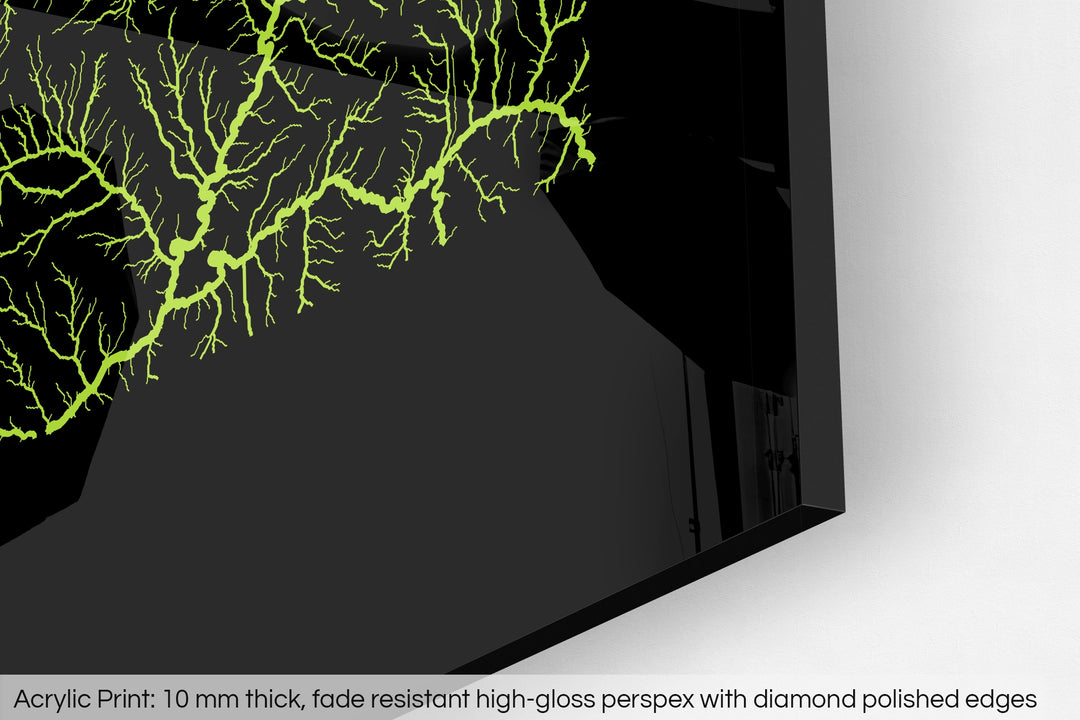 Closeup of an acrylic panel's corner, the details of a Grasshopper Geography map is visible. The text at the bottom reads: Acrylic print - 10 mm thick, fade reistant high-gloss perspex with diamond polished edges.
