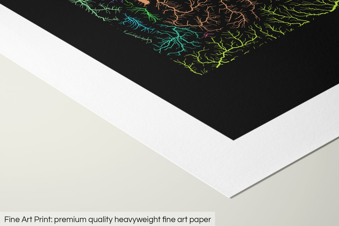 Closeup of a fine art print's corner lying on a flat surface, the details of a Grasshopper Geography map is visible. The text at the bottom reads: Fine art print - premium quality heavyweight fine art paper.