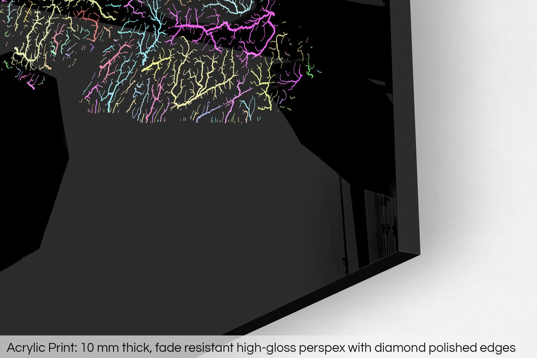Closeup of an acrylic panel's corner, the details of a Grasshopper Geography map is visible. The text at the bottom reads: Acrylic print - 10 mm thick, fade reistant high-gloss perspex with diamond polished edges.