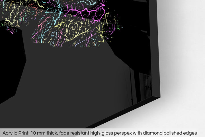 Closeup of an acrylic panel's corner, the details of a Grasshopper Geography map is visible. The text at the bottom reads: Acrylic print - 10 mm thick, fade reistant high-gloss perspex with diamond polished edges.