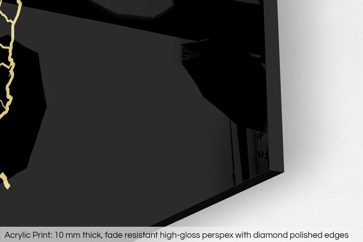 Closeup of an acrylic panel's corner, the details of a Grasshopper Geography map is visible. The text at the bottom reads: Acrylic print - 10 mm thick, fade reistant high-gloss perspex with diamond polished edges.