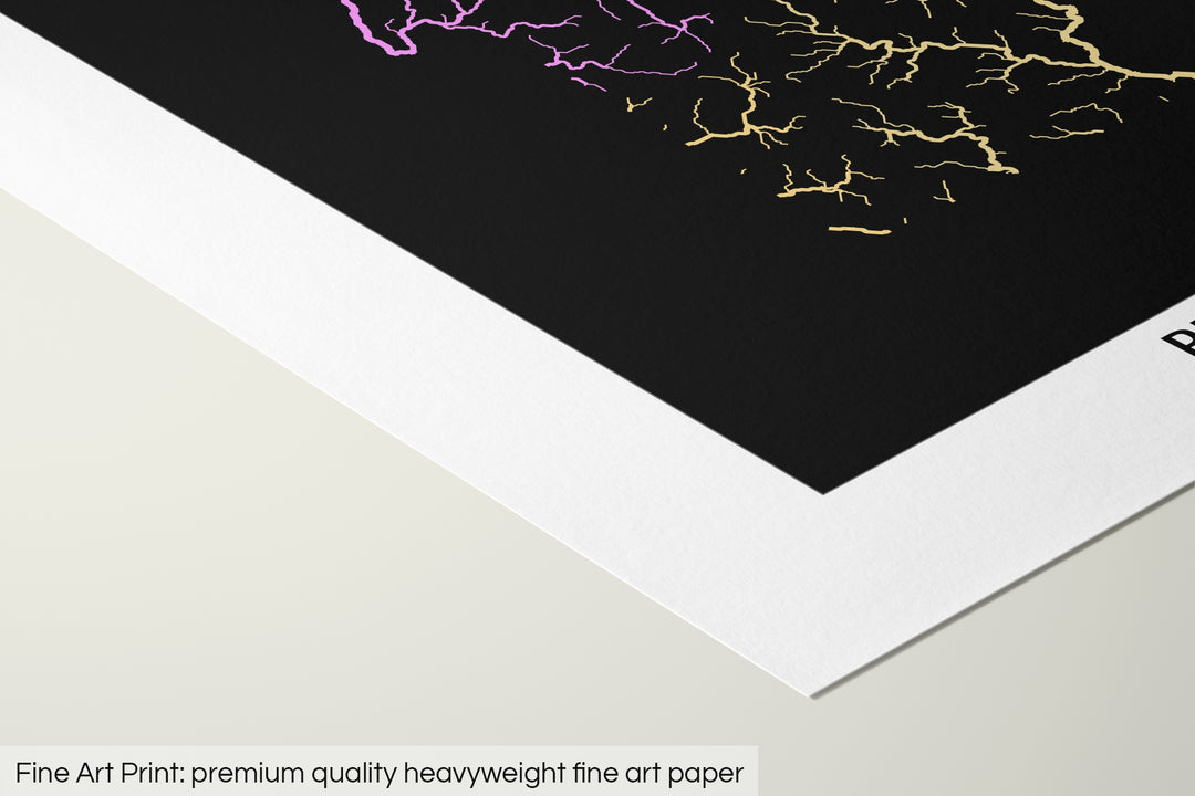 Closeup of a fine art print's corner lying on a flat surface, the details of a Grasshopper Geography map is visible. The text at the bottom reads: Fine art print - premium quality heavyweight fine art paper.