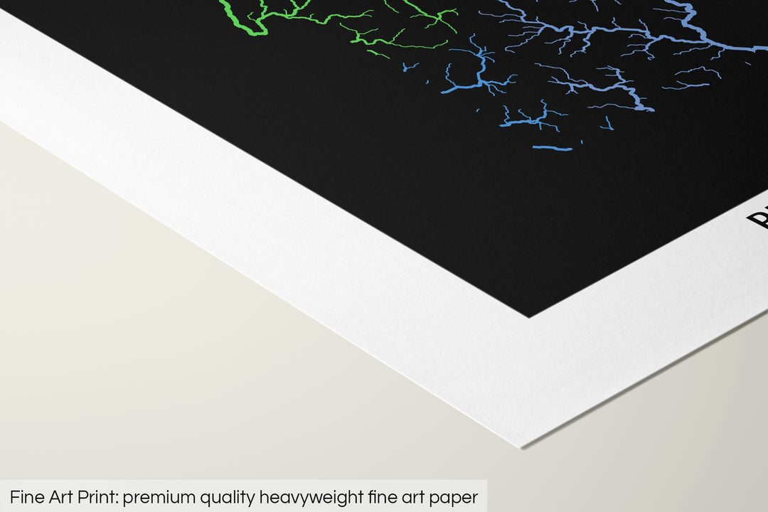 Closeup of a fine art print's corner lying on a flat surface, the details of a Grasshopper Geography map is visible. The text at the bottom reads: Fine art print - premium quality heavyweight fine art paper.