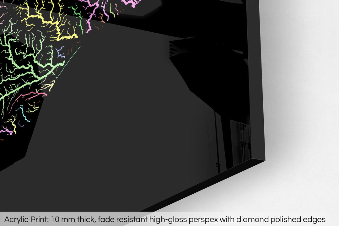 Closeup of an acrylic panel's corner, the details of a Grasshopper Geography map is visible. The text at the bottom reads: Acrylic print - 10 mm thick, fade reistant high-gloss perspex with diamond polished edges.