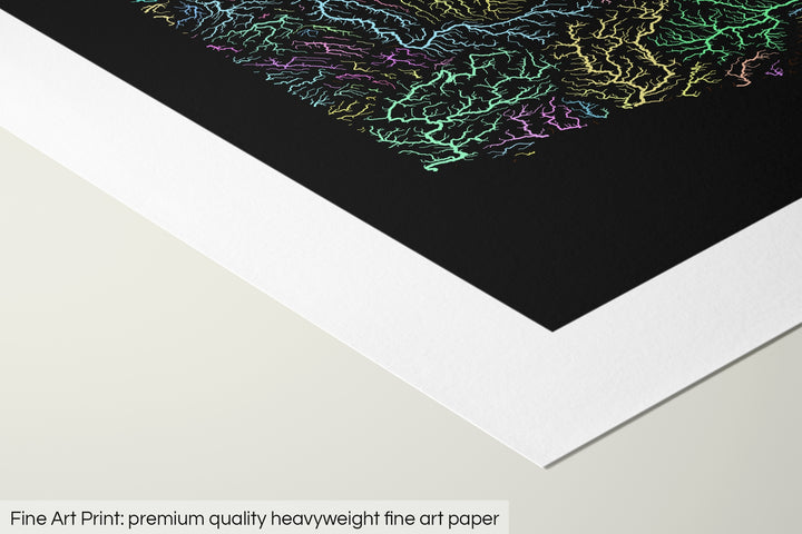 Closeup of a fine art print's corner lying on a flat surface, the details of a Grasshopper Geography map is visible. The text at the bottom reads: Fine art print - premium quality heavyweight fine art paper.