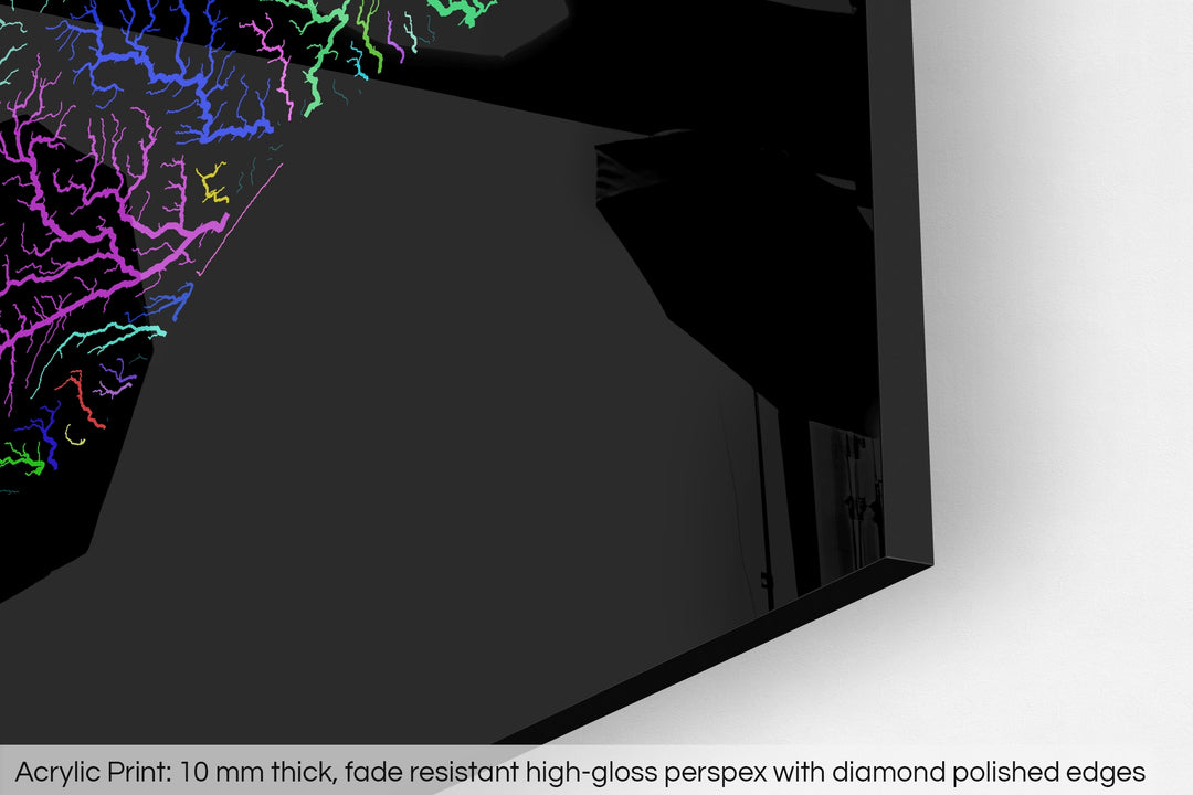 Closeup of an acrylic panel's corner, the details of a Grasshopper Geography map is visible. The text at the bottom reads: Acrylic print - 10 mm thick, fade reistant high-gloss perspex with diamond polished edges.