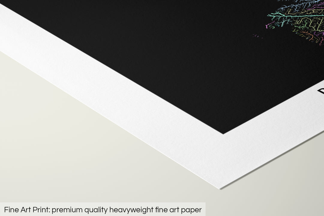 Closeup of a fine art print's corner lying on a flat surface, the details of a Grasshopper Geography map is visible. The text at the bottom reads: Fine art print - premium quality heavyweight fine art paper.