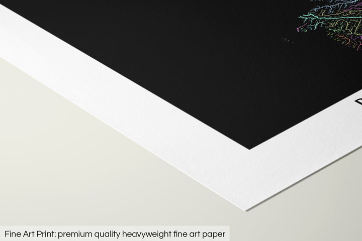 Closeup of a fine art print's corner lying on a flat surface, the details of a Grasshopper Geography map is visible. The text at the bottom reads: Fine art print - premium quality heavyweight fine art paper.