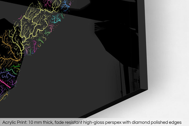 Closeup of an acrylic panel's corner, the details of a Grasshopper Geography map is visible. The text at the bottom reads: Acrylic print - 10 mm thick, fade reistant high-gloss perspex with diamond polished edges.