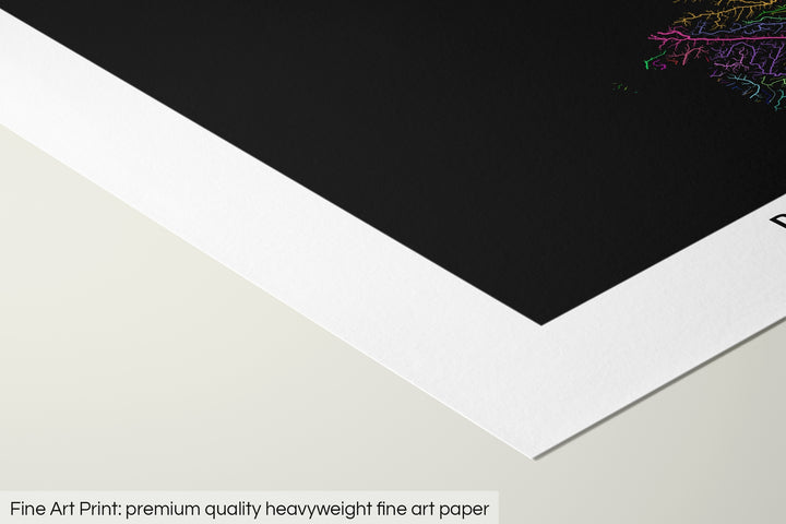 Closeup of a fine art print's corner lying on a flat surface, the details of a Grasshopper Geography map is visible. The text at the bottom reads: Fine art print - premium quality heavyweight fine art paper.