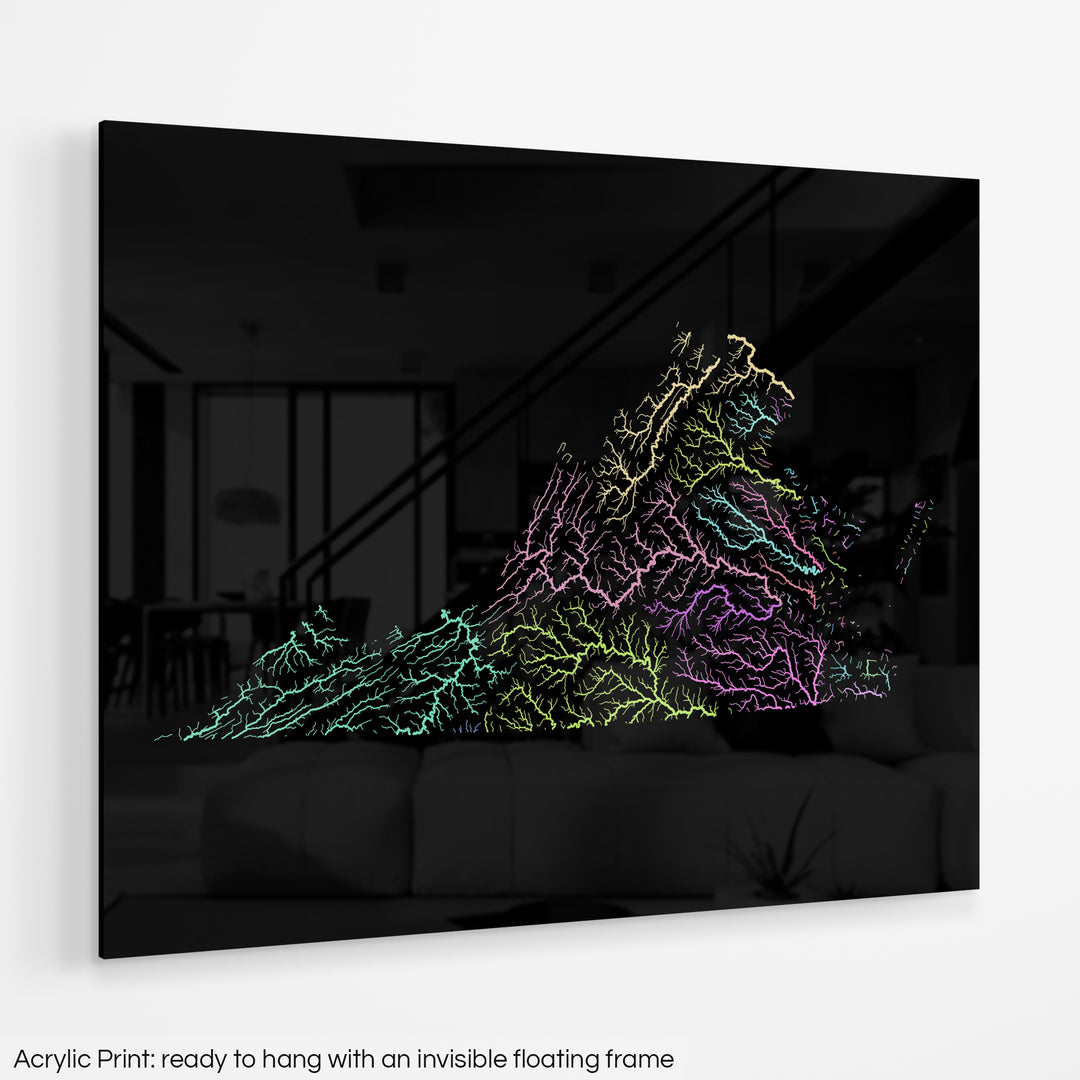 A colourful Grasshopper Geography map hanging on a white wall. The text at the bottom reads: Acrylic print - ready to hang with an invisible floating frame.
