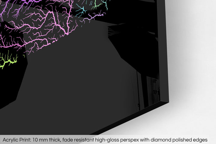 Closeup of an acrylic panel's corner, the details of a Grasshopper Geography map is visible. The text at the bottom reads: Acrylic print - 10 mm thick, fade reistant high-gloss perspex with diamond polished edges.
