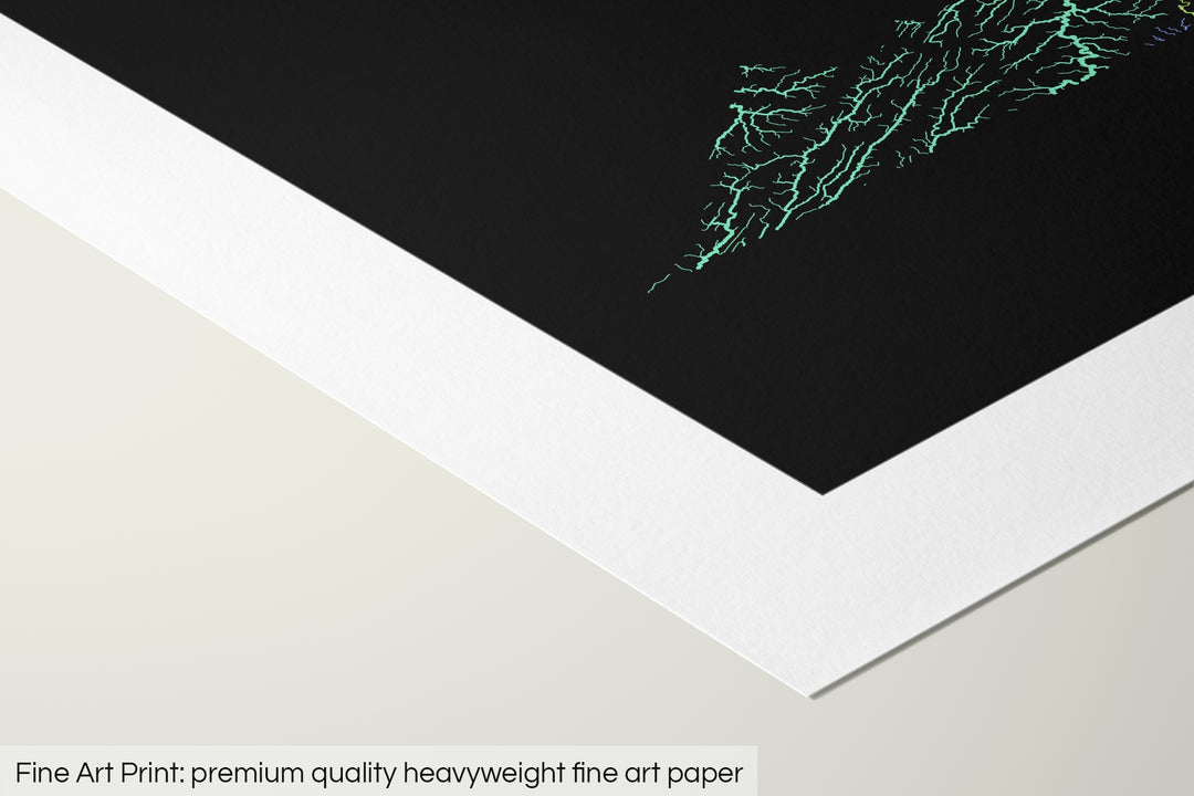 Closeup of a fine art print's corner lying on a flat surface, the details of a Grasshopper Geography map is visible. The text at the bottom reads: Fine art print - premium quality heavyweight fine art paper.