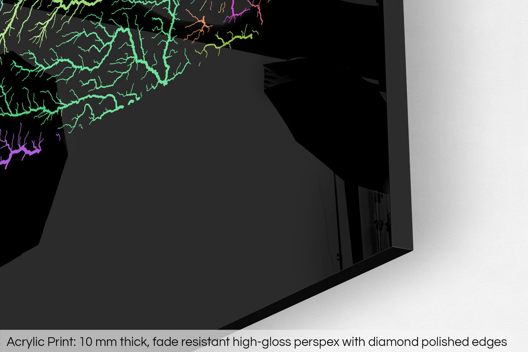Closeup of an acrylic panel's corner, the details of a Grasshopper Geography map is visible. The text at the bottom reads: Acrylic print - 10 mm thick, fade reistant high-gloss perspex with diamond polished edges.