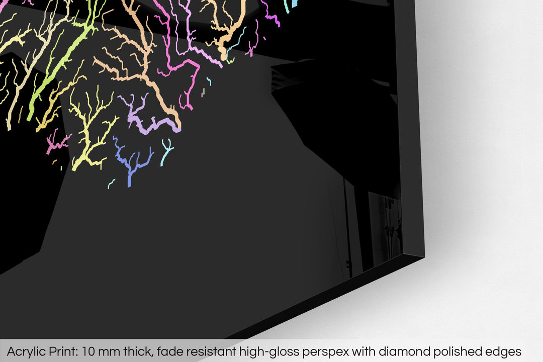 Closeup of an acrylic panel's corner, the details of a Grasshopper Geography map is visible. The text at the bottom reads: Acrylic print - 10 mm thick, fade reistant high-gloss perspex with diamond polished edges.