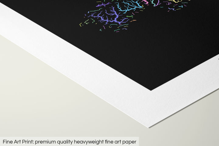Closeup of a fine art print's corner lying on a flat surface, the details of a Grasshopper Geography map is visible. The text at the bottom reads: Fine art print - premium quality heavyweight fine art paper.