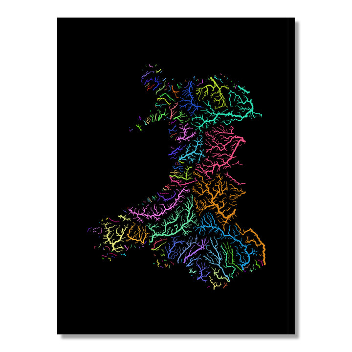 Wales - River basin map, rainbow colours - Wall Art by Grasshopper Geography. Image of a high-resolution map created by geographer Robert Szucs, available as wall art and for licensing.