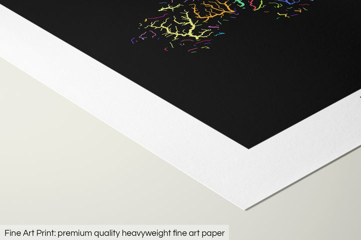 Closeup of a fine art print's corner lying on a flat surface, the details of a Grasshopper Geography map is visible. The text at the bottom reads: Fine art print - premium quality heavyweight fine art paper.