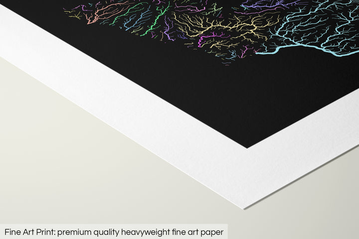 Closeup of a fine art print's corner lying on a flat surface, the details of a Grasshopper Geography map is visible. The text at the bottom reads: Fine art print - premium quality heavyweight fine art paper.