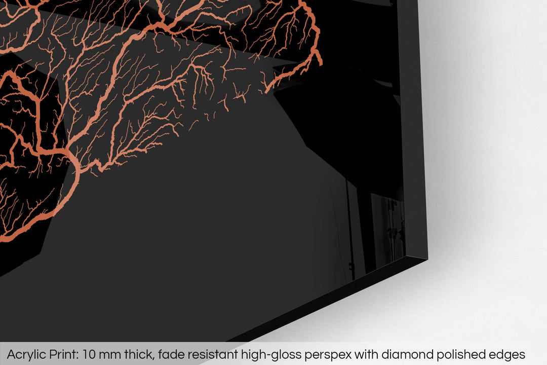 Closeup of an acrylic panel's corner, the details of a Grasshopper Geography map is visible. The text at the bottom reads: Acrylic print - 10 mm thick, fade reistant high-gloss perspex with diamond polished edges.